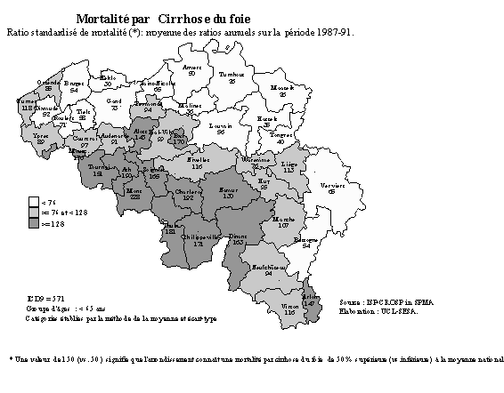 Carte 4-2. distribution gographique de la mortalit par cirrhose du foie en Belgique