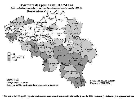 Carte 11-1. Ratio de mortalit standardis chez les jeunes de 10  24: Belgique toutes causes