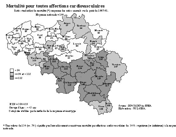 Carte 1-1. Mortalit pour toutes les affections cardio-vasculaires en Belgique: 1987-1991