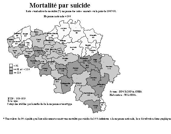 Carte 4-1. Disparits gographiques de la mortalit par suicide en Belgique: 1987 - 1991